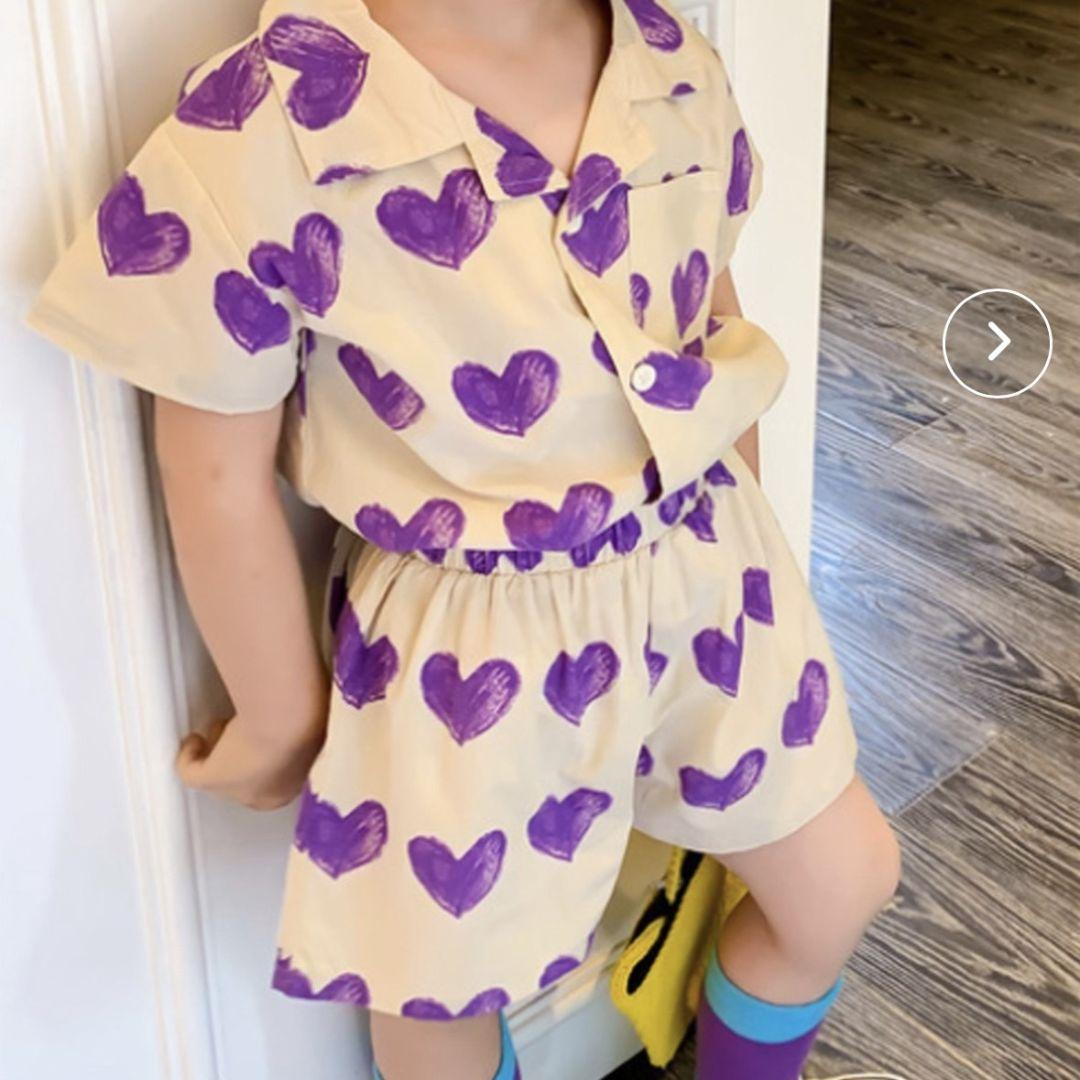 ハート柄BIGTシャツ& ハート柄フリルショートパンツ 未着用 ハート柄 パープル シャツ ショートパンツ セットアップ