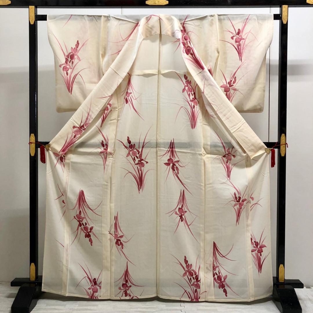 IS164 杜若 かきつばた 夏着物 絽 小紋 単衣 バチ襟 正絹 生成り
