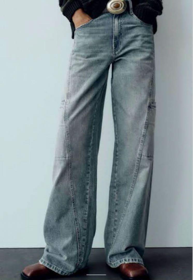 ZARA MID-RISE TRFカーゴデニム フルレングス ワイドレッグデニム