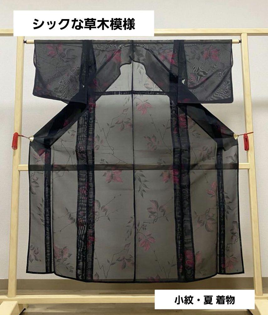 A5 夏物 シックな草木模様 黒色 赤色 正絹 薄物 絽 紗 小紋 着物