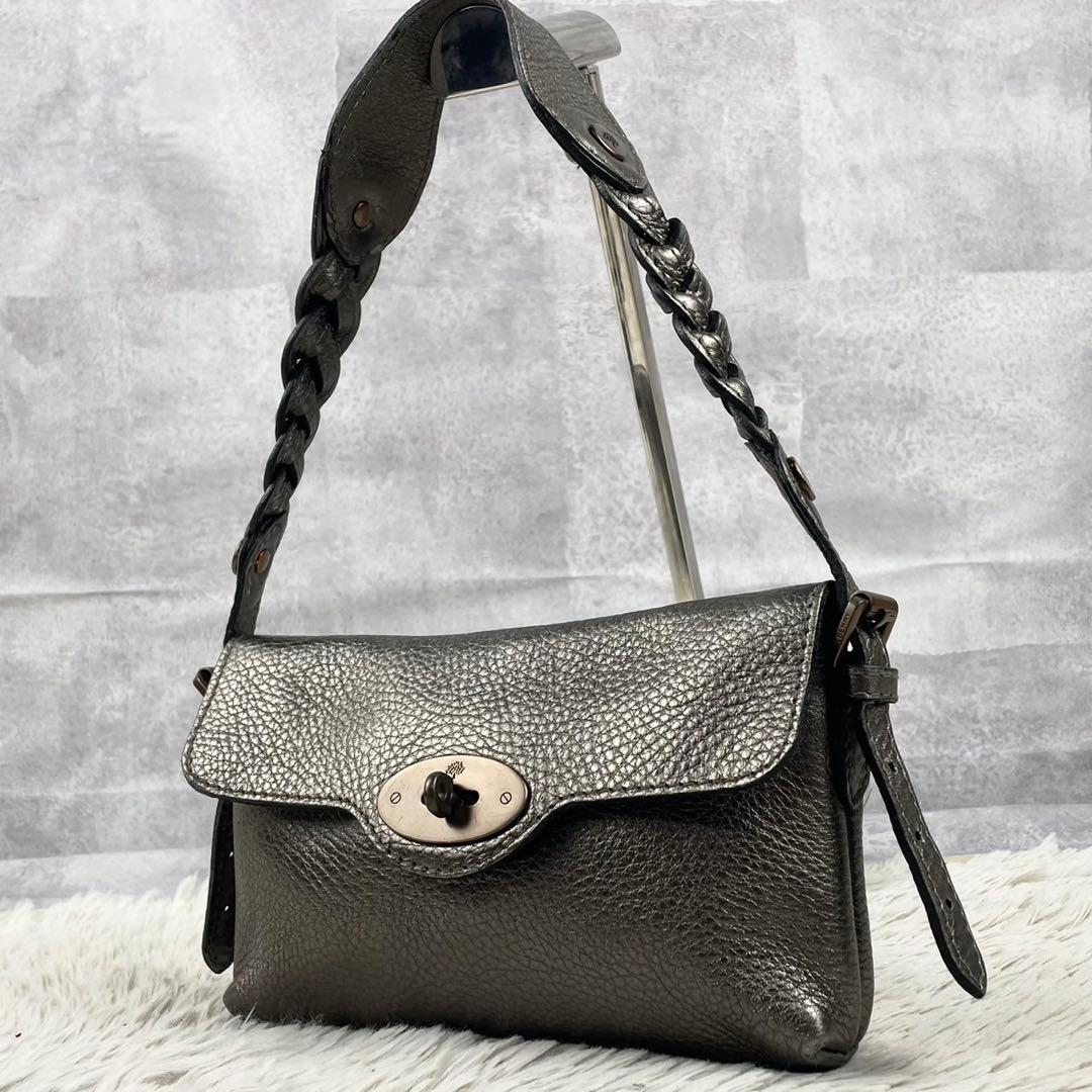 美品 マルベリー レザー ショルダーバッグ ターンロック ゴールド金具 カーキ