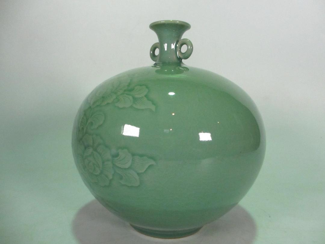 高麗青磁　耳付花瓶　青珍陶芸　梁命煥 作　人間国宝　柳海剛 弟子