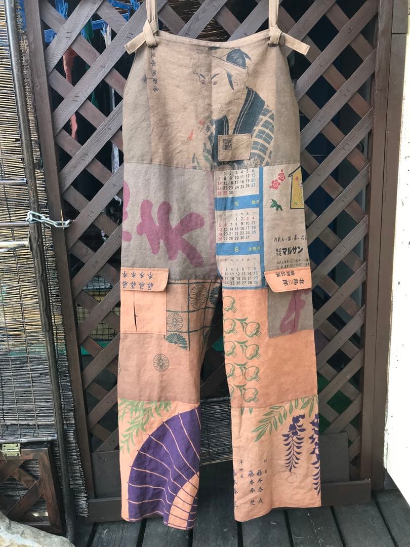 てぬぐいリメイク　柿渋染め+鉄媒染 サロペット　カーゴパンツ風　ポケット４ヶ所