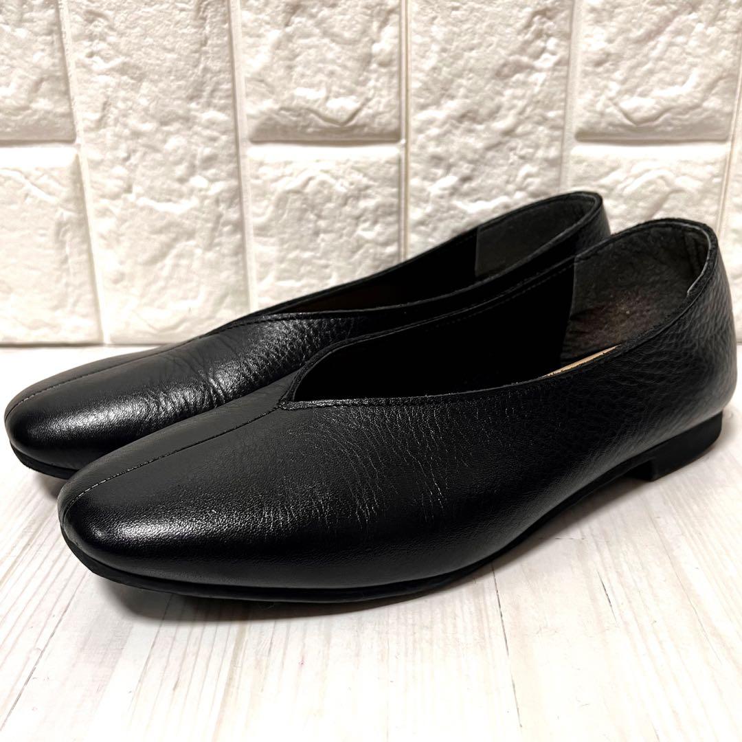 【美品】レシピ　24.5 パンプス　フラットシューズ　Vカット　スクエア　レザー