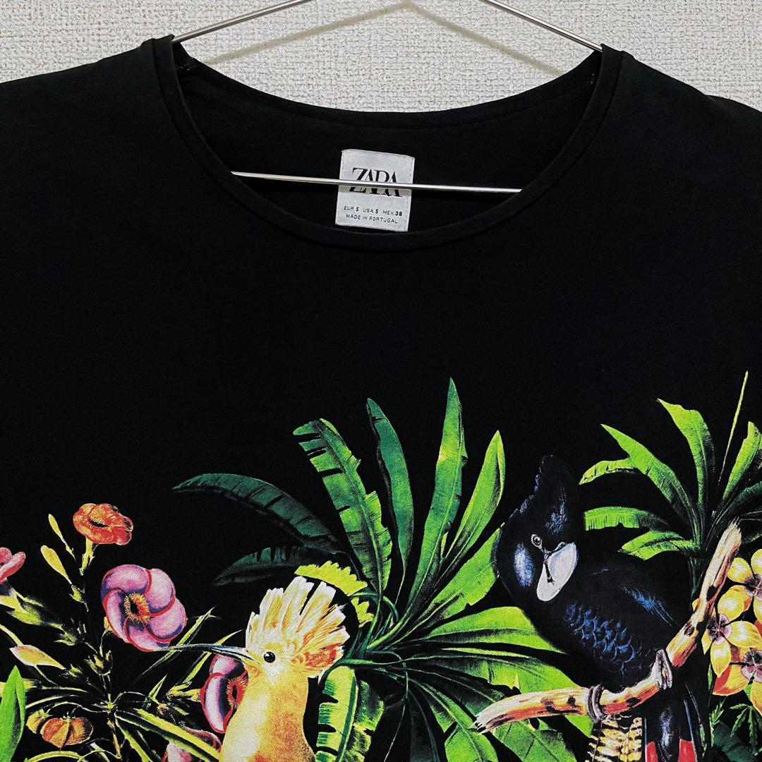 ZARAザラマンメンズ*ICONロゴスローガンTシャツ/BLACK ZARA ザラ メンズTシャツ ジャングル 鳥 インコ 黒Tシャツ