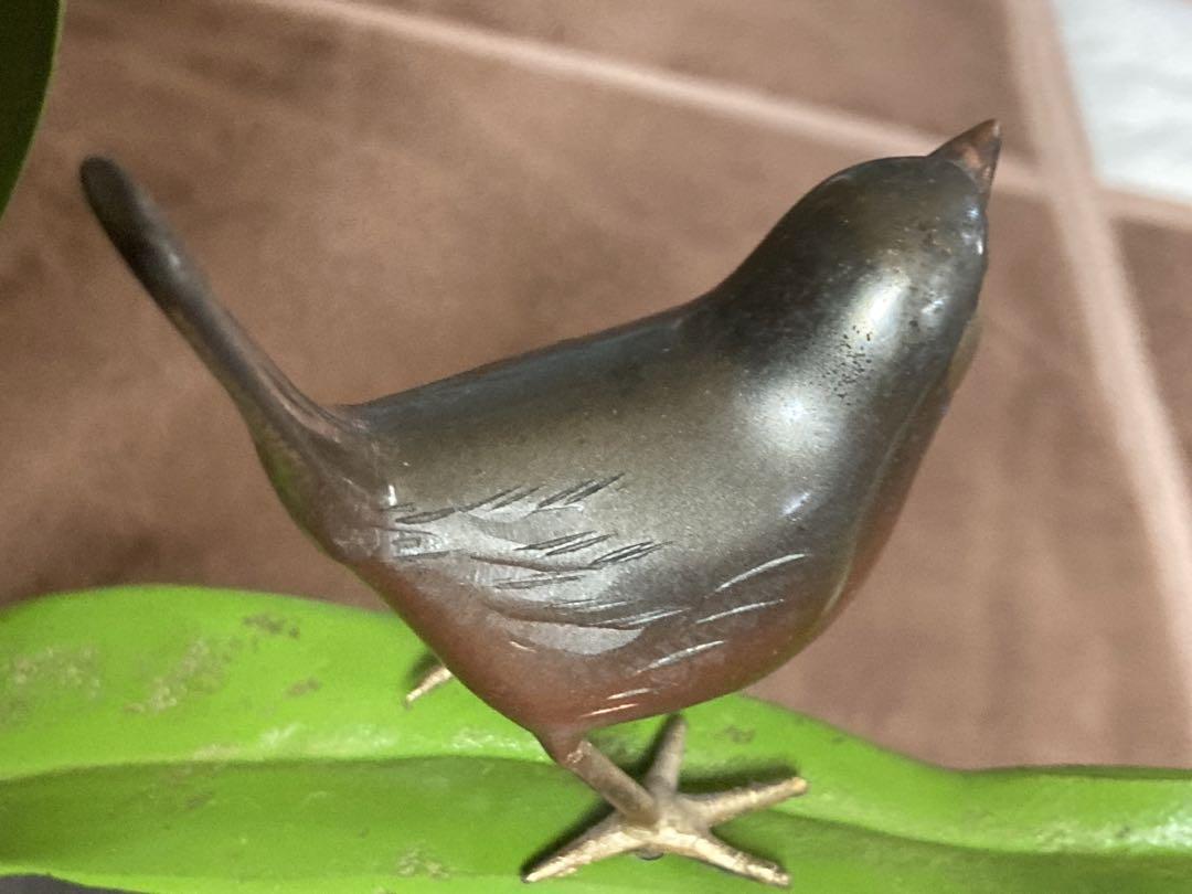 双鳥 ヤツデ 赤い実 金工 彫金 置物