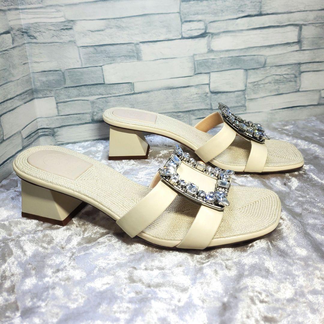 【セール】 新品未使用】✨STACCATO 23cm ミュール ビジュー 白 レザー 靴