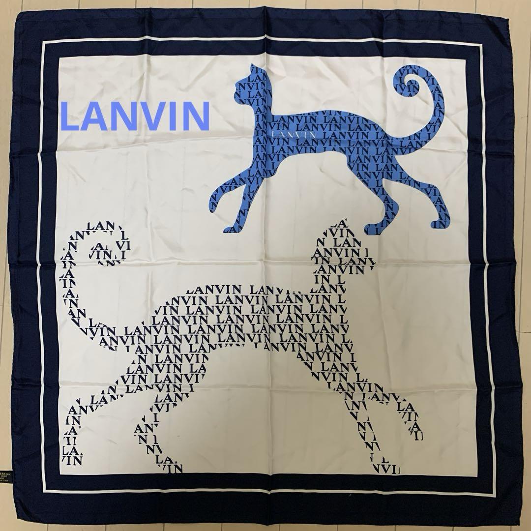 レア・LANVIN ランバン　シルク　スカーフ　大判　総柄　猫