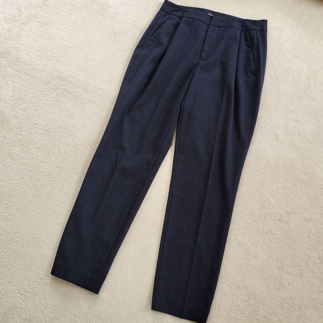 ZARA ノーカラーパンツスーツネイビーチェック 38 Lセットアップ2点セット
