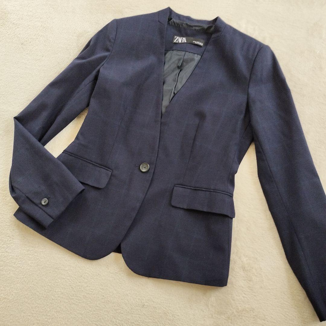 ZARA ノーカラーパンツスーツネイビーチェック 38 Lセットアップ2点セット