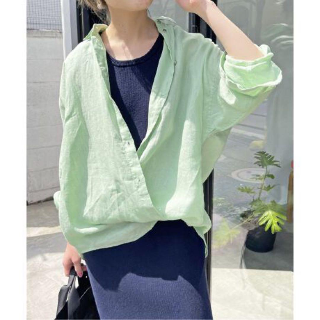 多様な Spick & Span 80リネンカシュクールビッグシャツ グリーン トップス