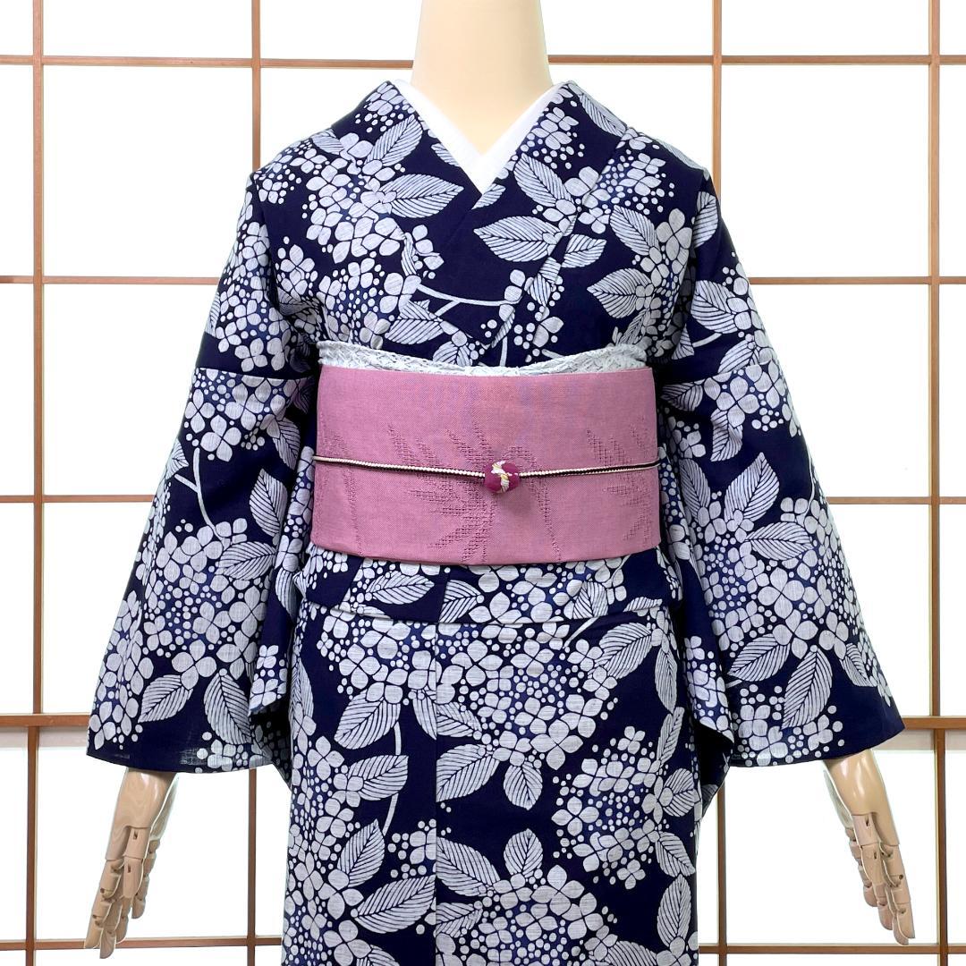 浴衣 本染 注染 紫陽花 濃紺 グレー 手縫い仕立て 着物 未使用品A-2367