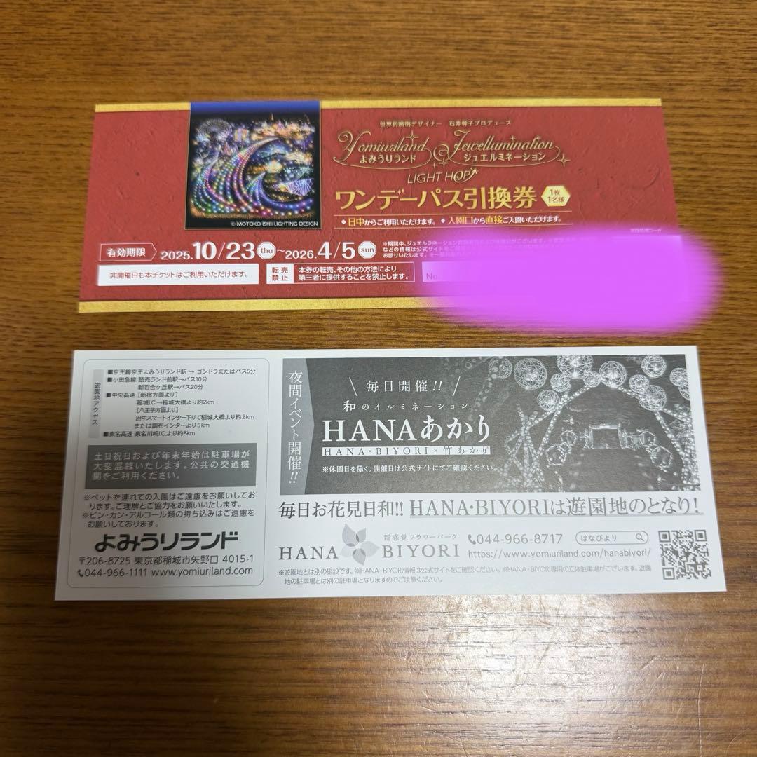 よみうりランド　 ワンデーパス（乗り物乗り放題）チケット2枚