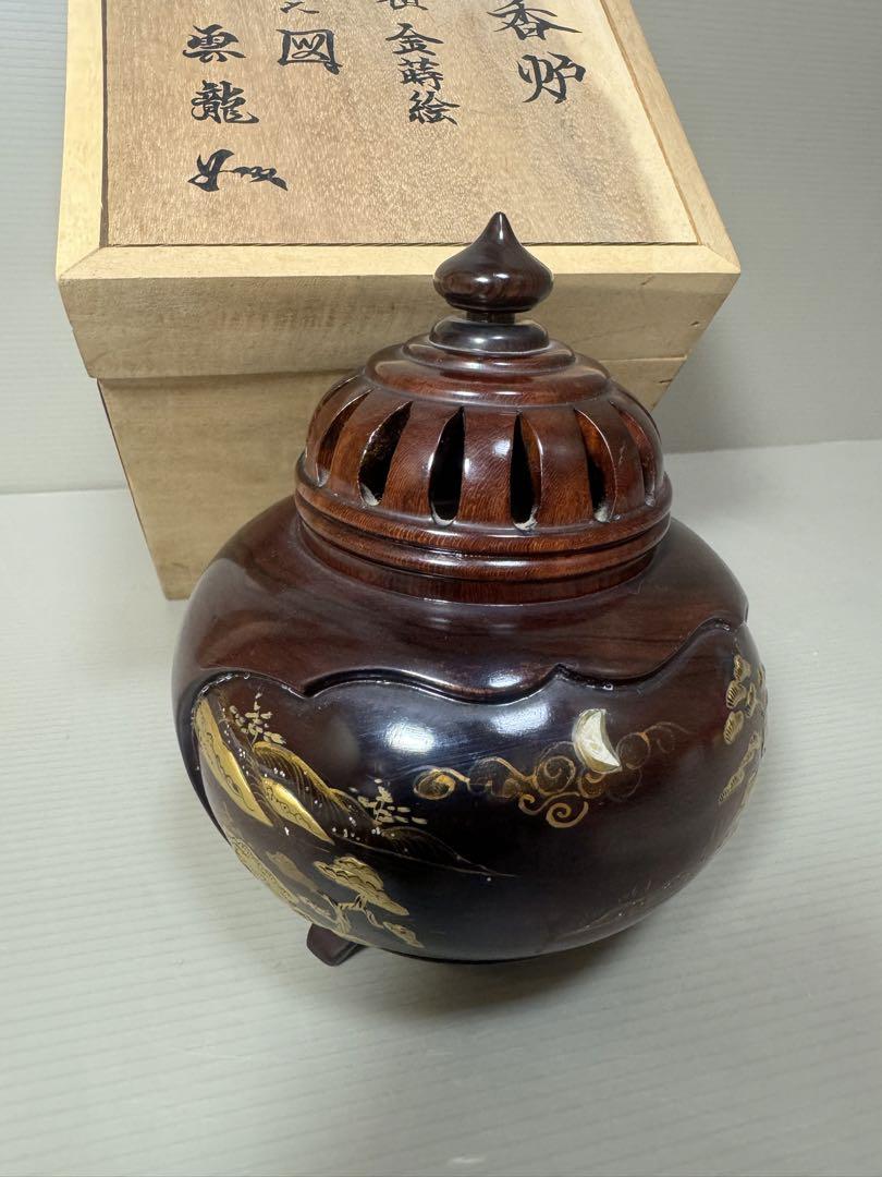 2164 雲龍作　本紫壇 金蒔絵 鳳凰　山水之図　香炉