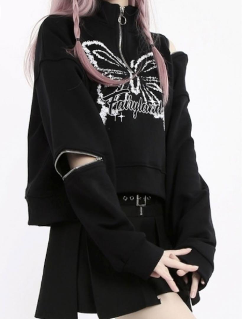 Lunaly ハーフジップバタフライグラフィックジッパースリーブプルオーバー