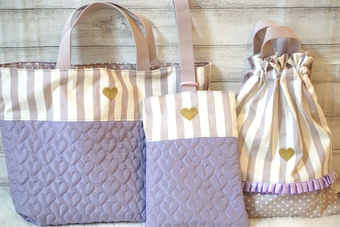もらって 嬉しい お歳暮 ランキング 名入れ無料♡ハートキルティング入学セット♡パープル 手提げ 手提げ・レッスンバッグ・入園グッズ