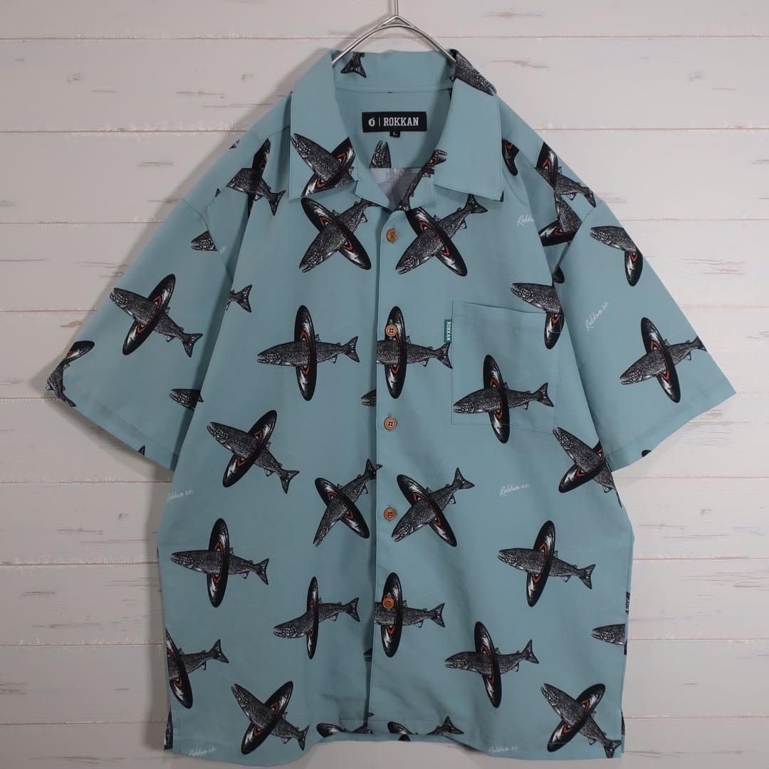 ROKKAN o.c. アロハシャツ 半袖 FISH RECORD ブルー L