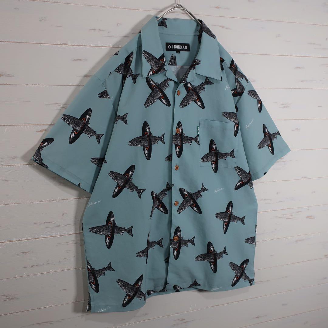 ROKKAN o.c. アロハシャツ 半袖 FISH RECORD ブルー L