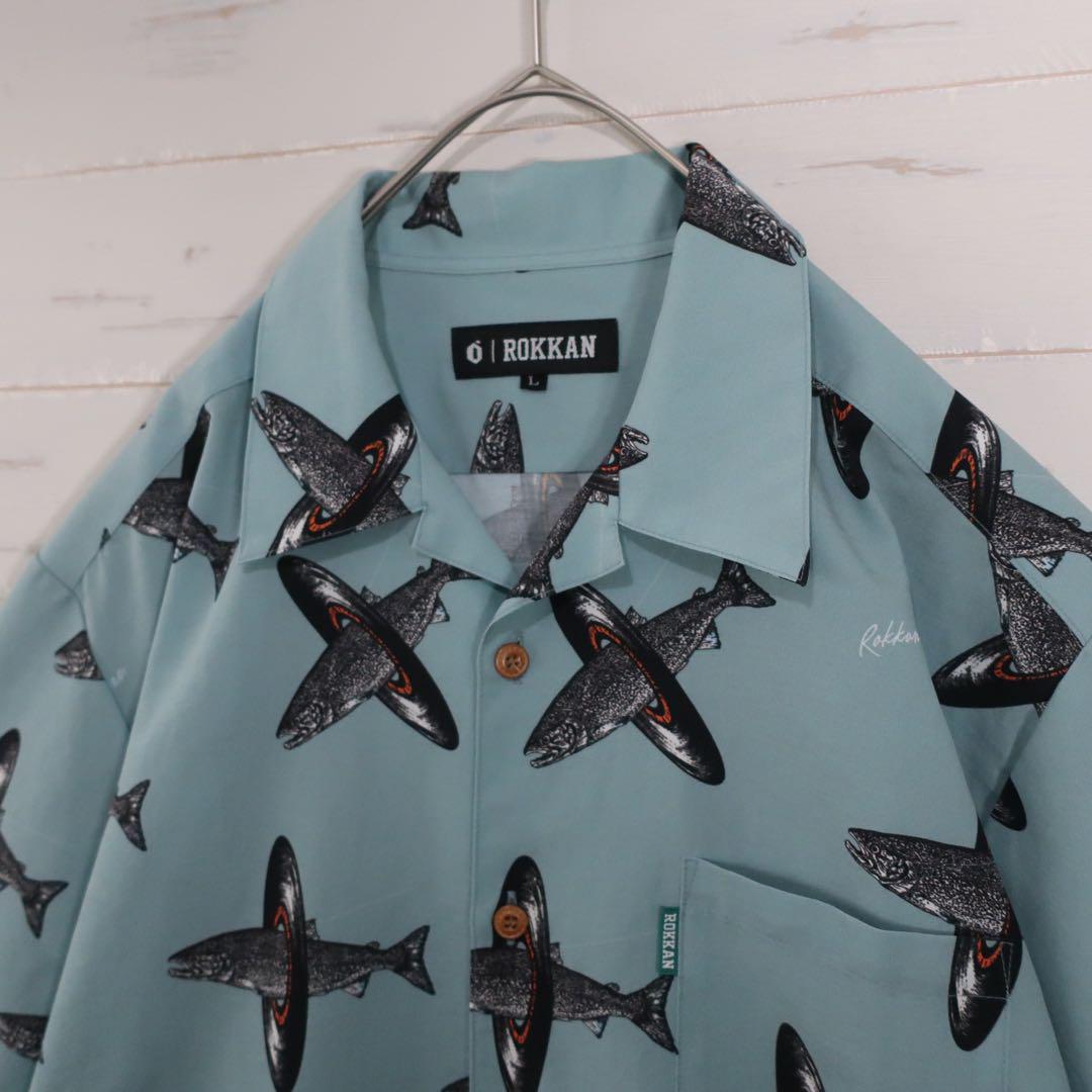 ROKKAN o.c. アロハシャツ 半袖 FISH RECORD ブルー L