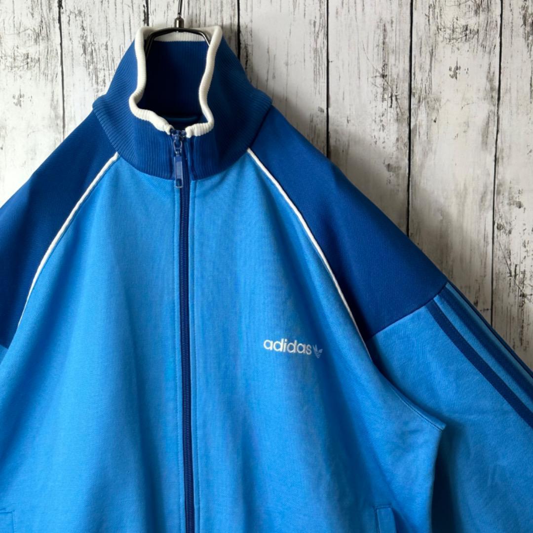 【超希少】アディダス ヴィンテージ リブライン ジャージ 3XL 刺繍ロゴ 水色