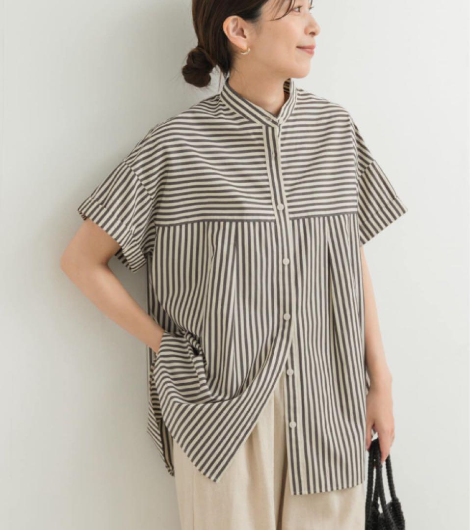 【新品・タグ付き】 DOORSストライプロールアップタックシャツ　NAT×BLK
