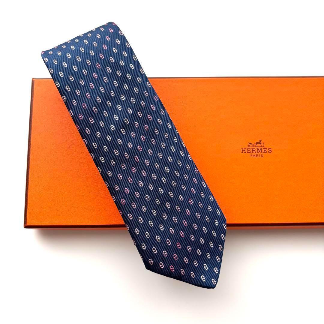 ꧁新品未使用꧂ エルメス ネクタイ ナロータイ マイヨン H柄 ネイビー マリン