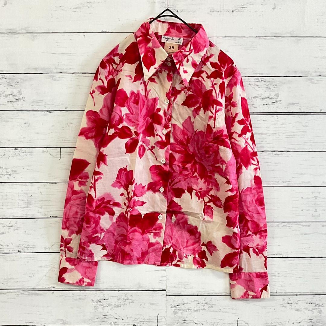 【agnès b.】ブラウス 花柄 ピンク×ホワイト 綿100% サイズ38