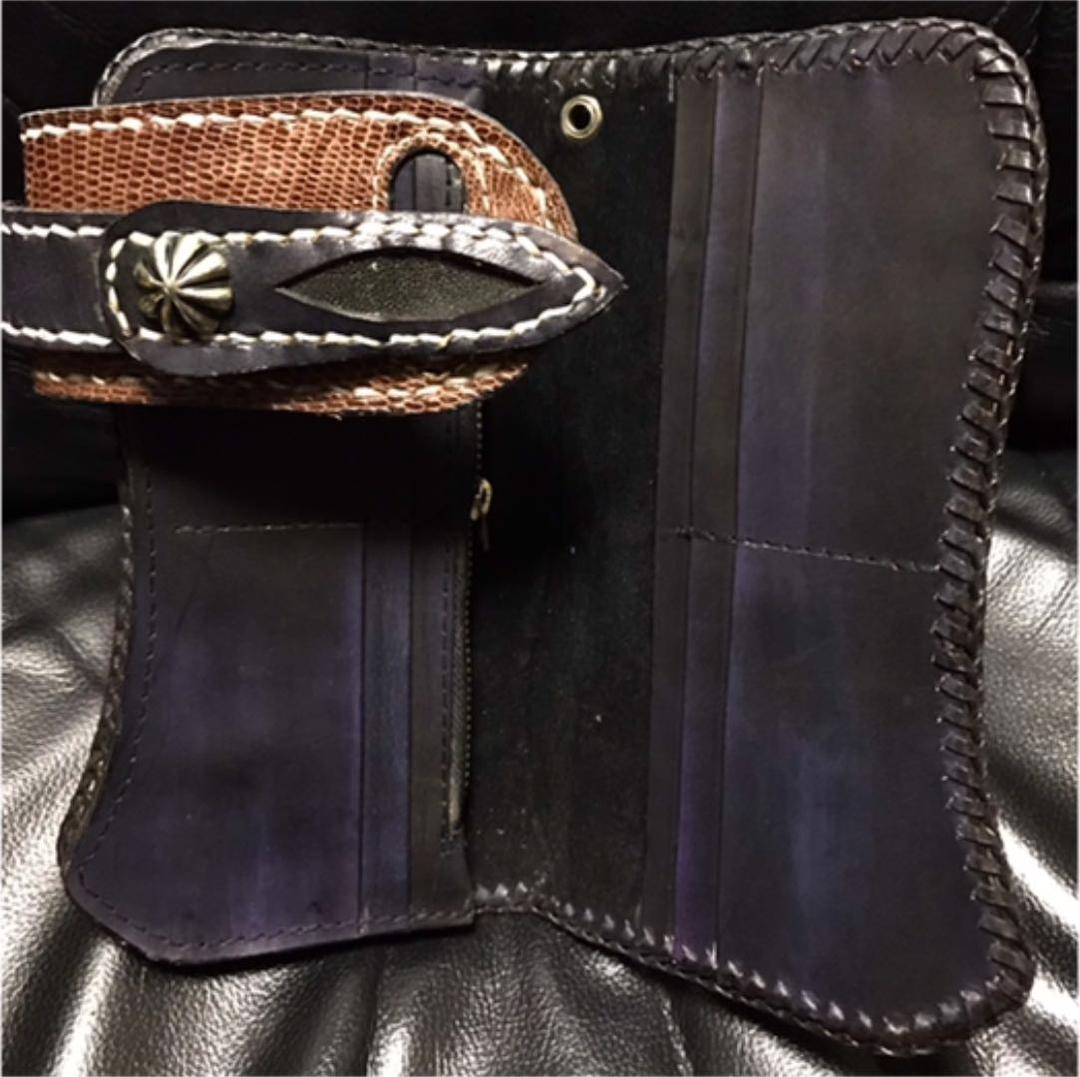 新品エイ皮クロス×リザード革レザー送料込コンチョウォレット長財布