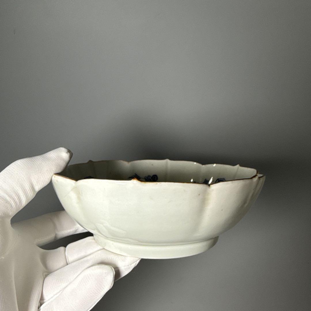 古伊万里　染付　輪花形膾皿　五点　亀甲文　植物文　古器を楽しむ　江戸期　大きめ 古伊万里 染付 輪花形膾皿 五点 亀甲文 植物文 古器を楽しむ