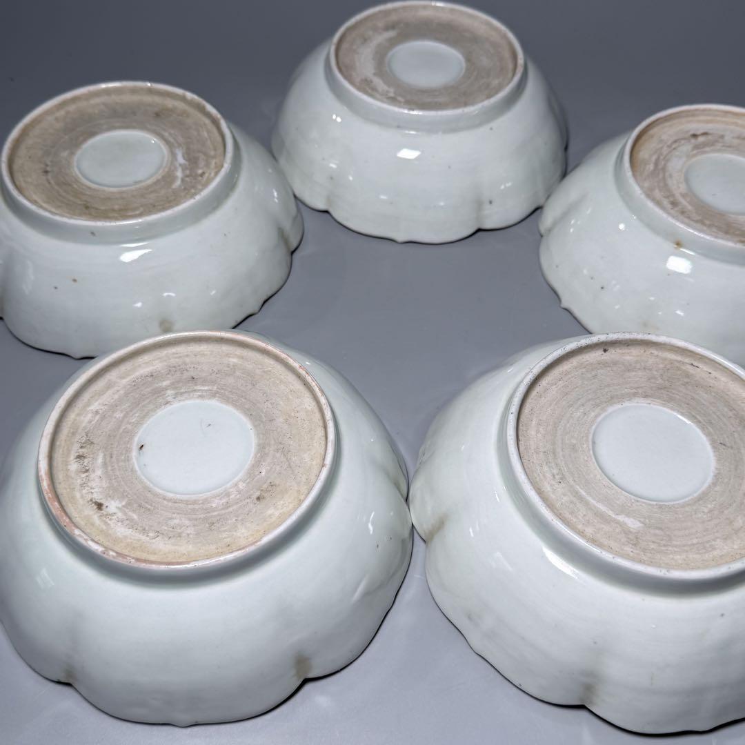 古伊万里　染付　輪花形膾皿　五点　亀甲文　植物文　古器を楽しむ　江戸期　大きめ 古伊万里 染付 輪花形膾皿 五点 亀甲文 植物文 古器を楽しむ