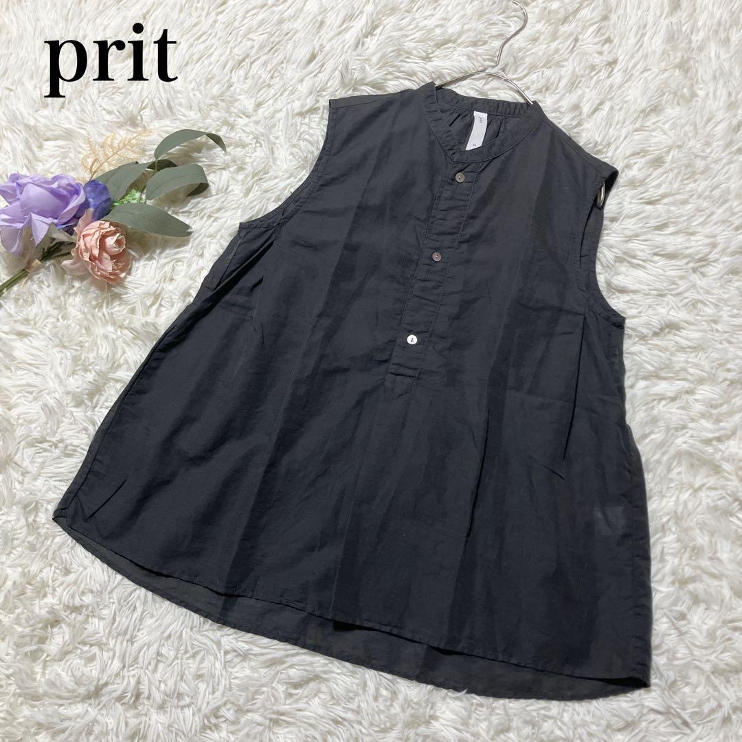 洗える【prit】プリット　コットンリネン　ノースリーブブラウス　チャコール