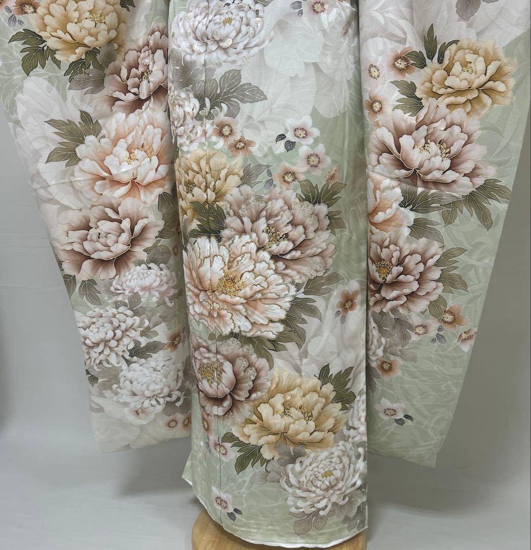 くすみグリーンの牡丹と菊の上品な振袖フルセット