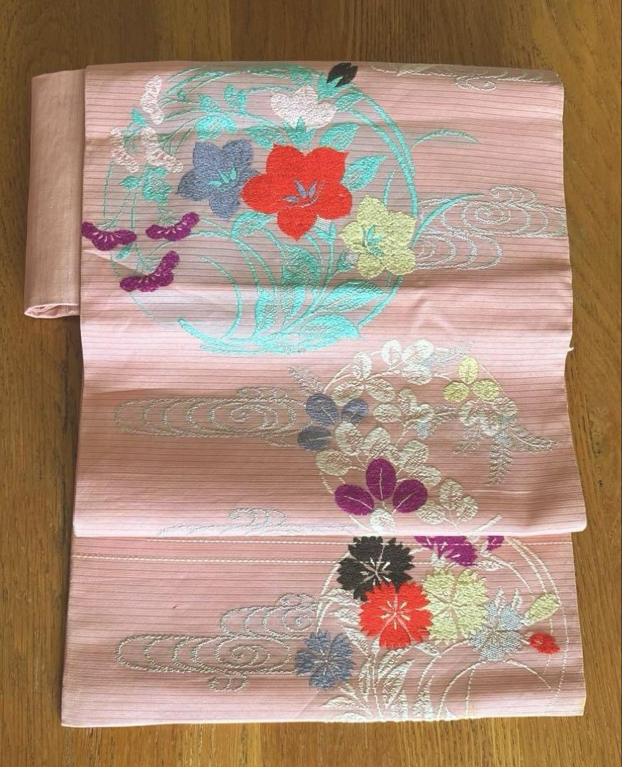 帯 アンティーク 花柄刺繍 ピンク 名古屋帯 夏帯 絽(ろ) - メルカリ