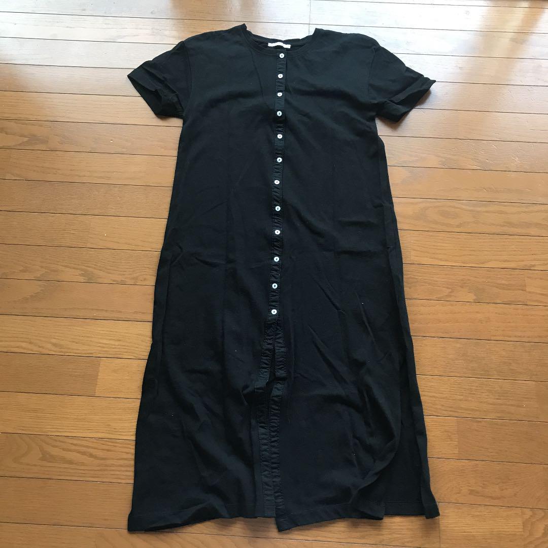 黒いシャツワンピース 半袖 ロング丈