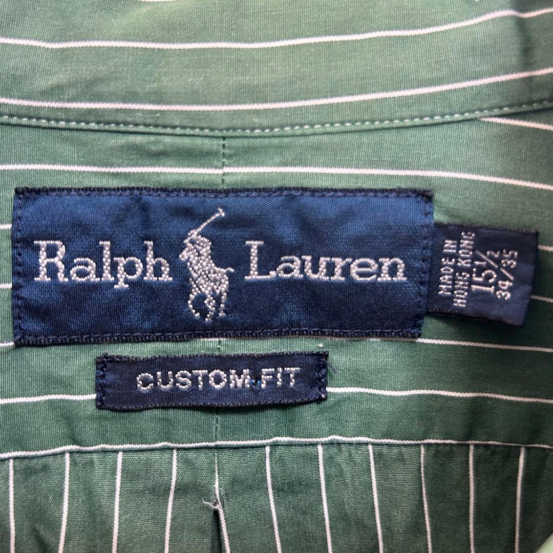 ラルフローレン 紫刺繍ロゴ 長袖 BDシャツ ストライプ 緑白 M 5660