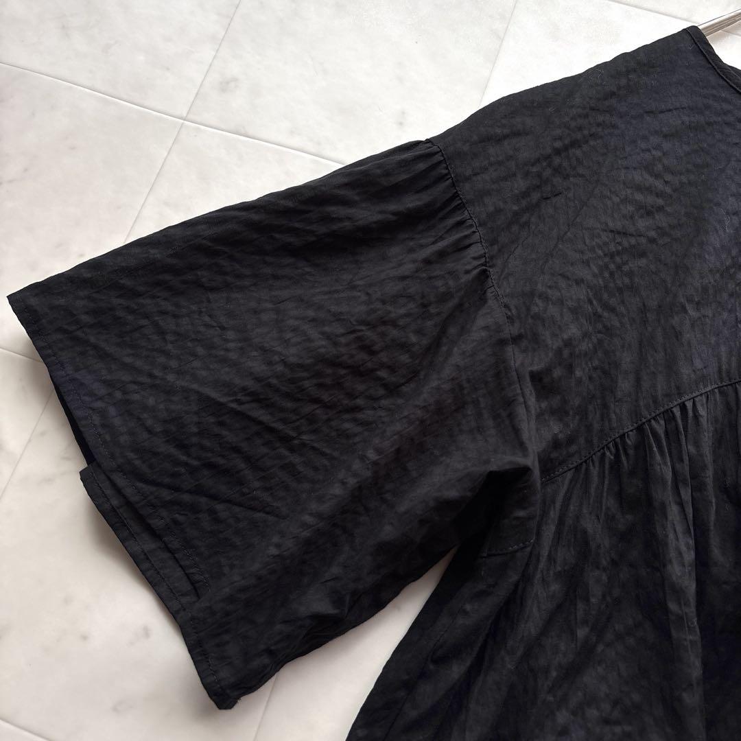 レリアン 24SS シアサッカー Aライン ギャザー ブラウス 黒 ブラック M