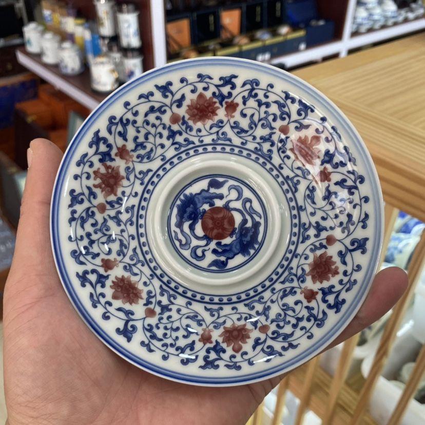 美品 景徳鎮 中国茶器 青花釉里紅竜紋三才蓋碗 新品未 茶杯 工芸