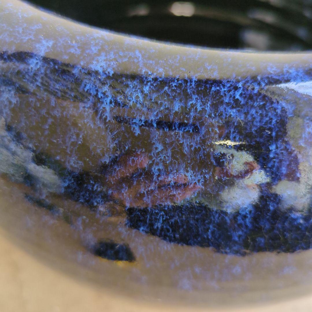骨董 火鉢 藍色 陶器 美品 メダカ 金魚 睡蓮鉢 丸型 鉢カバー 花入