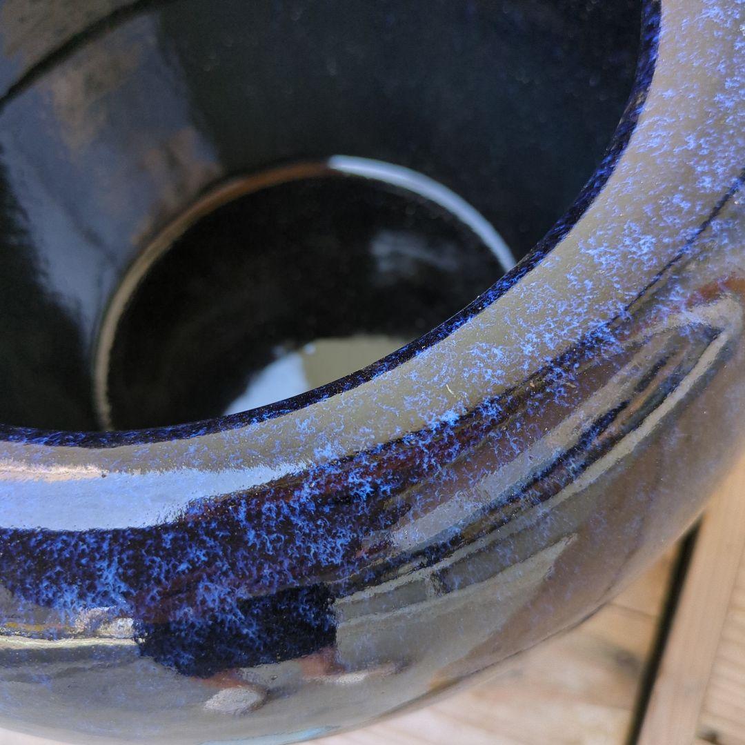骨董 火鉢 藍色 陶器 美品 メダカ 金魚 睡蓮鉢 丸型 鉢カバー 花入