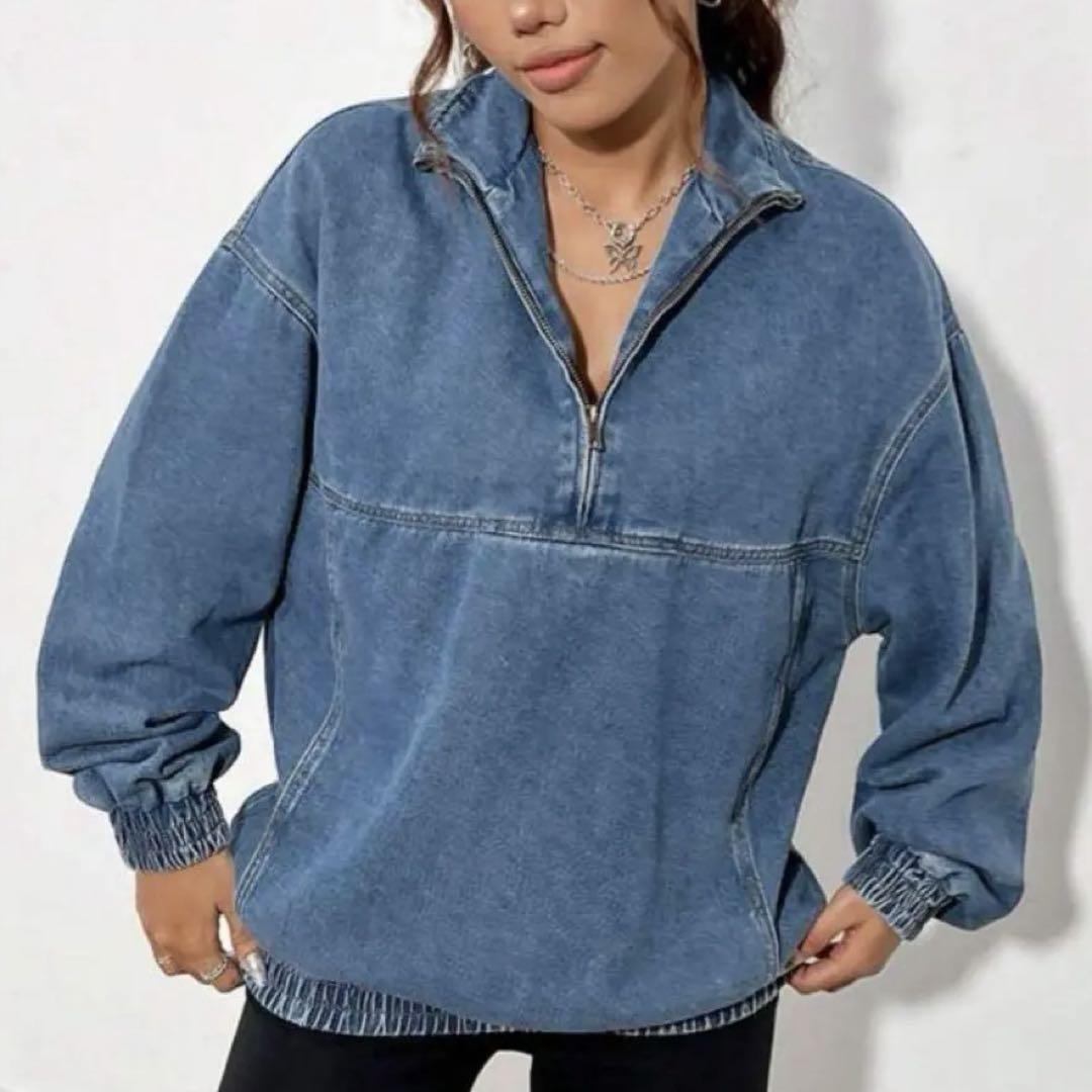 ✨新品✨ハーフジップ✨長袖✨デニム✨トップス✨無地✨Mサイズ