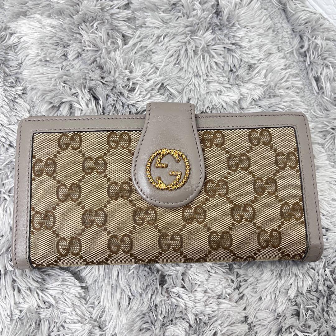 美品✨GUCCI 長財布　GGキャンバス グレージュ　インターロッキング　メタル