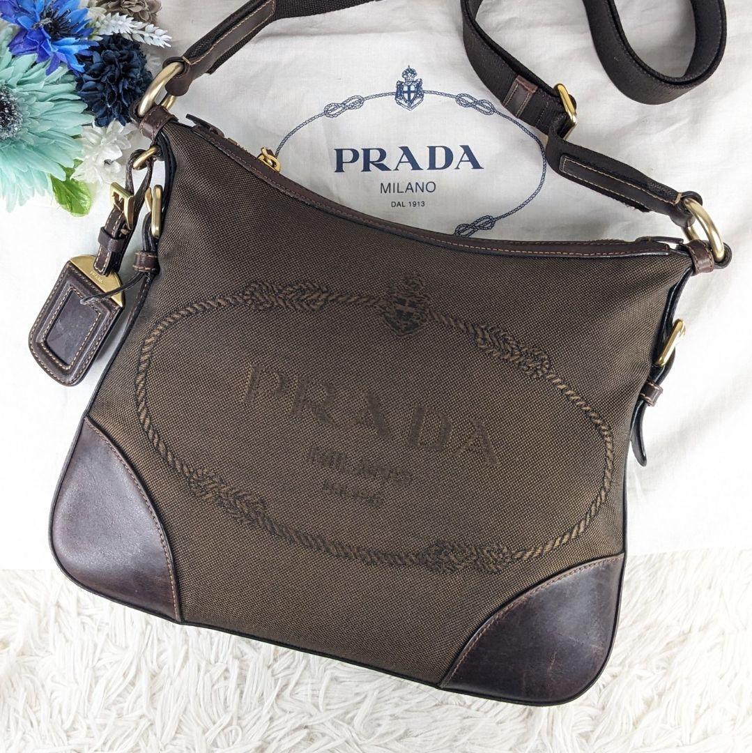 美品　PRADA　プラダ　ショルダーバッグ　キャンバス　レザー　ロゴジャガード