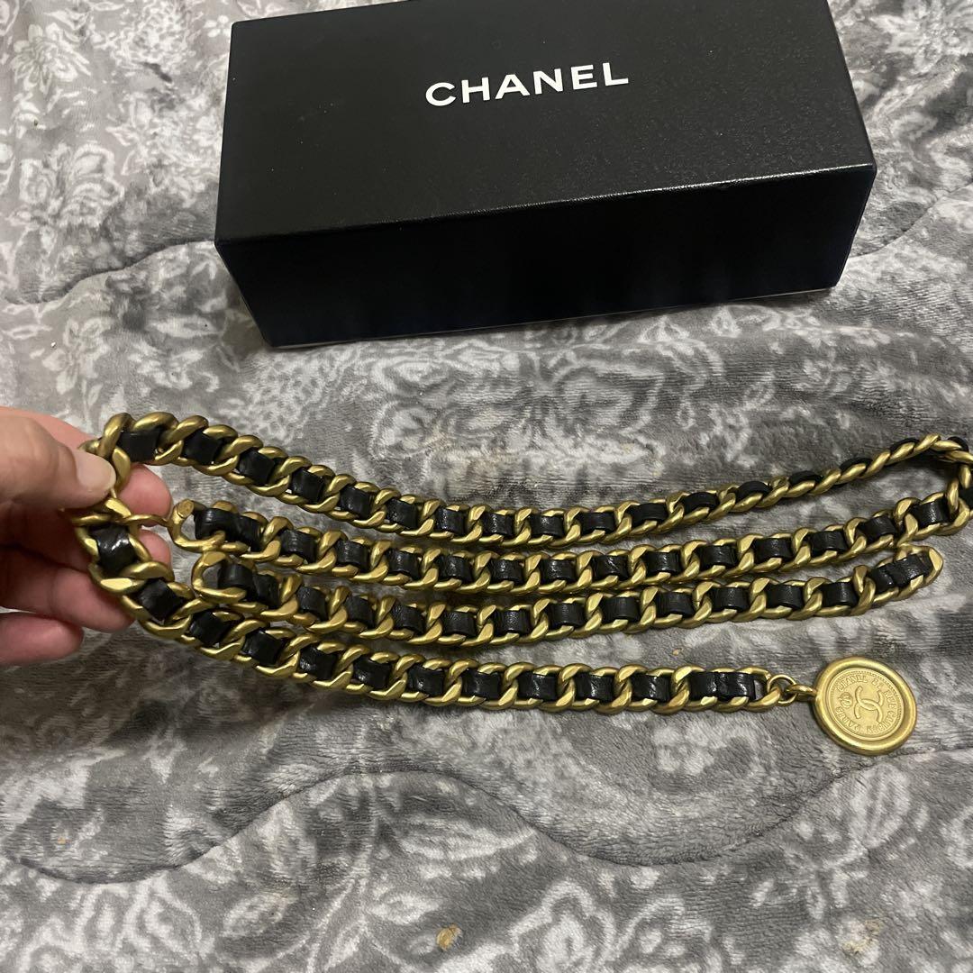 CHANEL チェーンベルト　ゴールド ✖️ブラック革　 コイン付　アンティーク