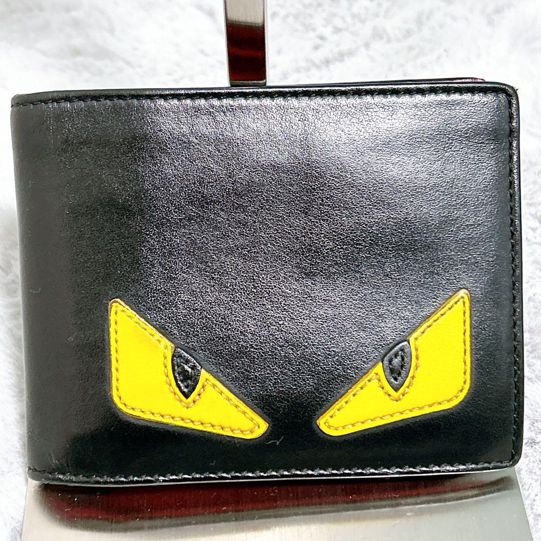 FENDI フェンディ　モンスター　バグズアイ　二つ折り　財布　レザー　ブラック