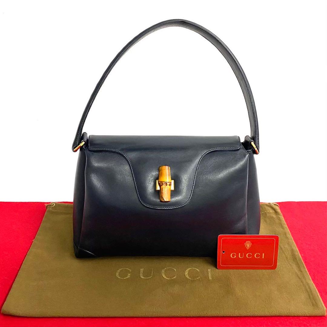 極 美品 オールドグッチ バンブー ターンロック レザー ハンドバッグ ネイビー