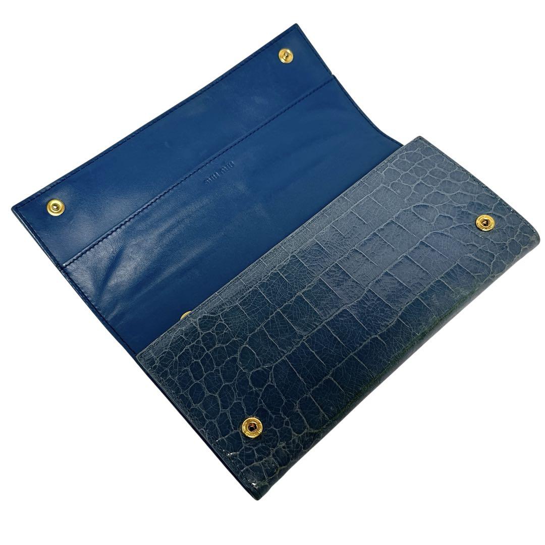 美品✨ミュウミュウ クロコ型押し 長財布 二つ折 カードケース クスミブルー 青