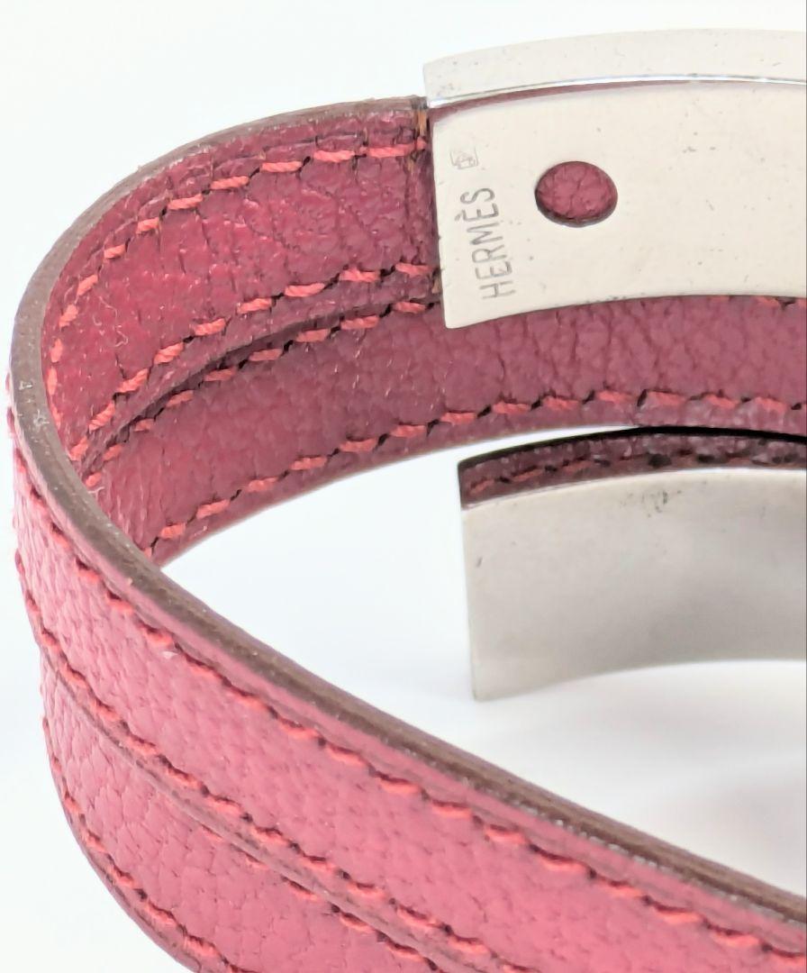 HERMÈS エルメス プスプス2連Hロゴ ピンク レザー バングル HERMÈS エルメス プスプス2連Hロゴ ピンク レザー バングル