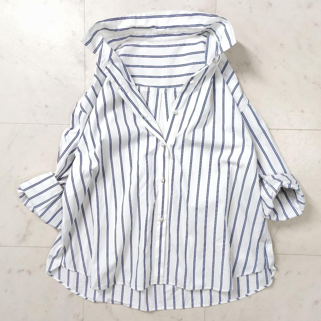 美品♪ノーリーズ ブルーストライプ パールボタン カシュクール 2wayブラウス