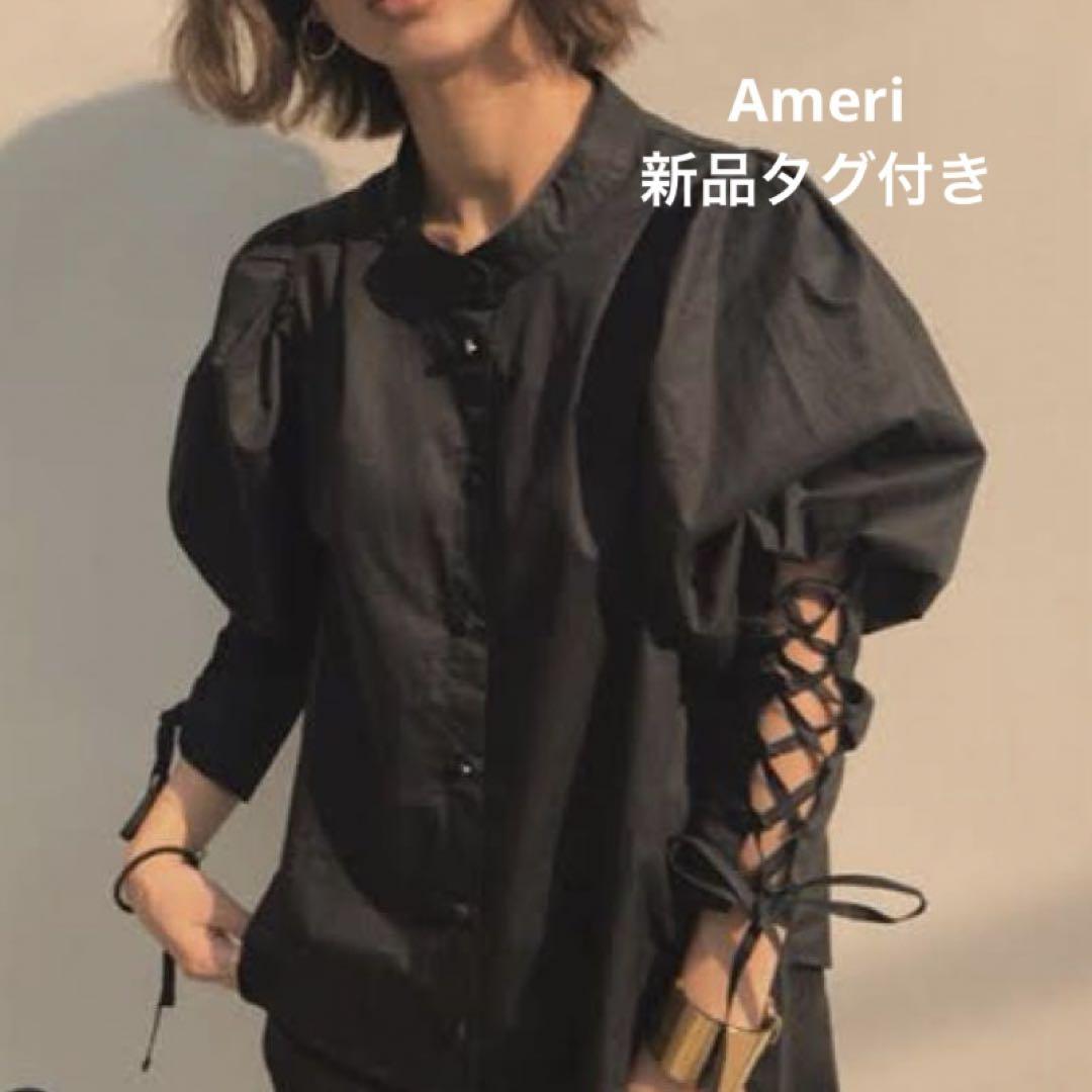 新品タグ付き★Ameri★LACE UP SLEEVE BLOUSE★オフィス★