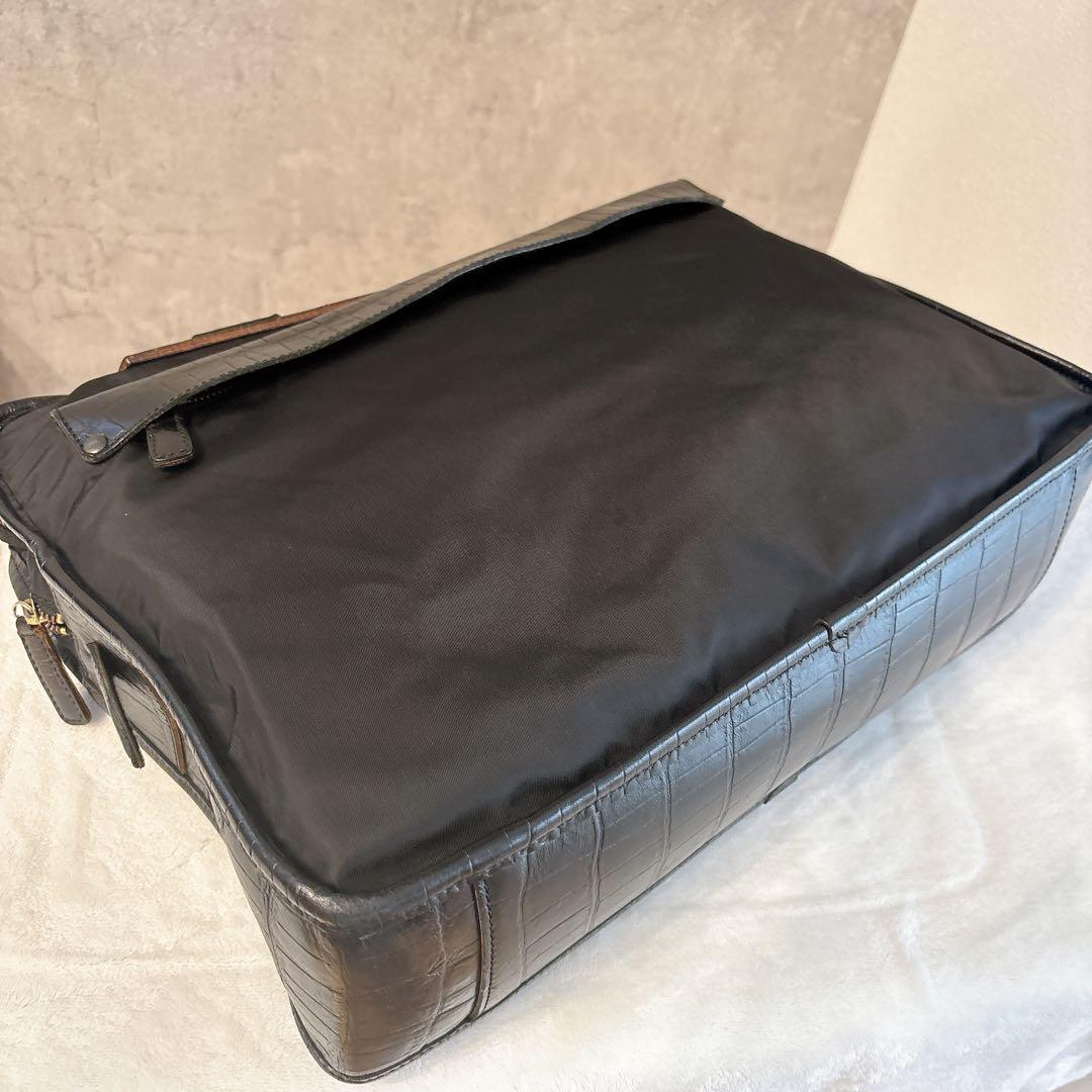 美品 フェリージ ビジネスバッグ クロコ型押し ブラック レザー ナイロン